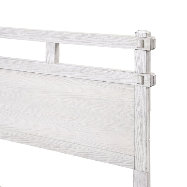 English Elm Queen Farmhouse Platform Bed Antique White Wood Grain Two-tiered Headboard Solid Frame N758P369328W