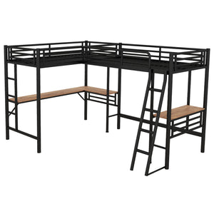 English Elm Twin Metal Loft Bed with Two Built-In Desks, Black — Space-Saving L-Shaped Twin Bunk for Study & Sleep GX001114AAB-1