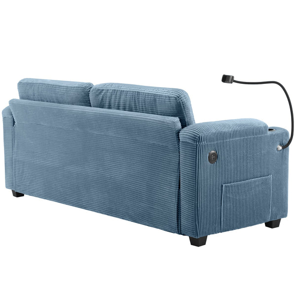 English Elm 72.8" Corduroy Sleeper Sofa Loveseat with Full Mattress, USB Charging, Cup Holders, Storage Pockets Navy Blue N719P208880C