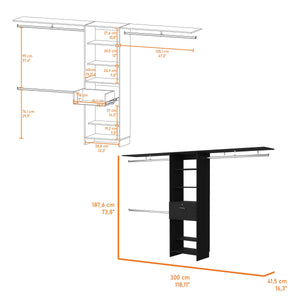 English Elm Broncos Black Single Drawer Closet Organizer with Multiple Shelves, 118"W Coverage, Spacious Storage B128S00081