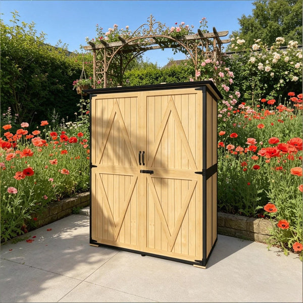 English Elm Modern Fir Wood Outdoor Storage Shed with Steel Frame Asphalt Roof and Ventilated Door Black,Natural Wood T3971S00244