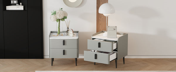 English Elm Nightstands with Marble-Pattern Top and Raised Guard, 2-Drawer Modern Bedside Tables for Storage Elegance Gray 23.4 L x 18.5 W x 9.06 H N733S332142E