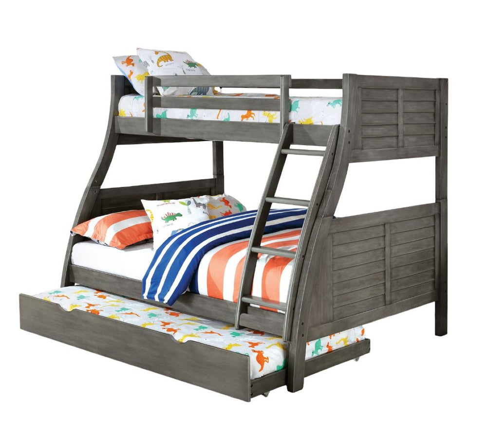 English Elm Twin Over Full Stylish Bunk Bed With Trundle, Plank Design, Reversible Ladder & Safety Guard Rails B2741S00332-GIGA