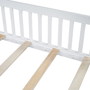 English Elm Wood House Platform Bed Full Size with Guardrail & Playful Frame, Sturdy Pine, Kid-Safe Design White N709P171852K