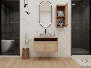 English Elm 30" Floating Bathroom Vanity Set with Ceramic Vessel Sink and Rattan Side Cabinet W999S00497