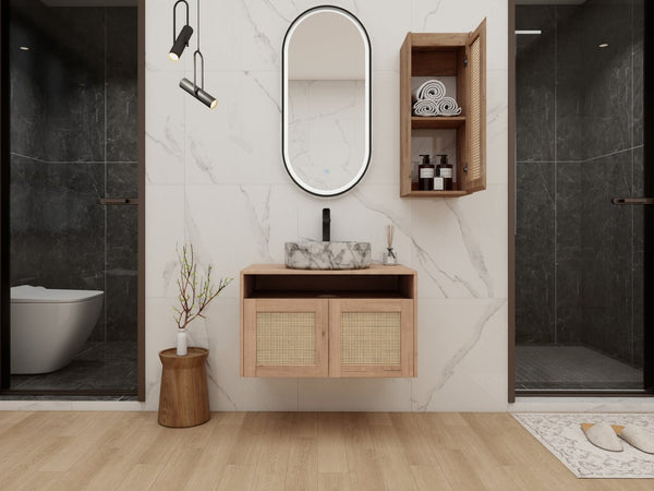 English Elm 30" Floating Bathroom Vanity Set with Ceramic Vessel Sink and Rattan Side Cabinet W999S00497