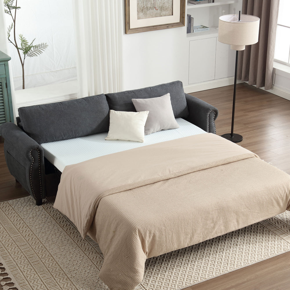 English Elm U_Style Convertible 2-in-1 Sofa Bed Sleeper with Large 63"x70.9" Mattress, Retro Rivet Accent Design DARK GREY W2705S00019