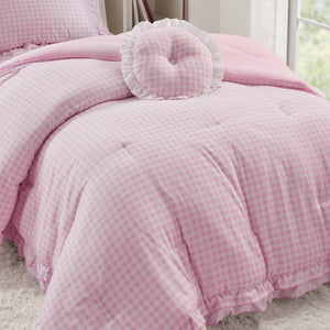 English Elm 3-piece Cottage Gingham Comforter Set with Ruffle Trim and Round Throw Pillow Pink B035P463187
