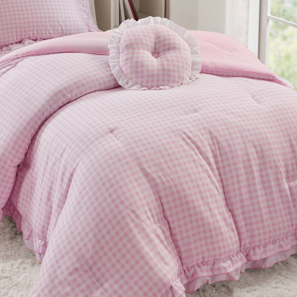 English Elm 3-piece Cottage Gingham Comforter Set with Ruffle Trim and Round Throw Pillow Pink B035P463187