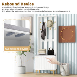 English Elm ON-TREND Modern Luxury Hall Tree with Cushioned Bench, Fluted Doors, 8 Gold Hooks & Adjustable Shelf White N721P192814K