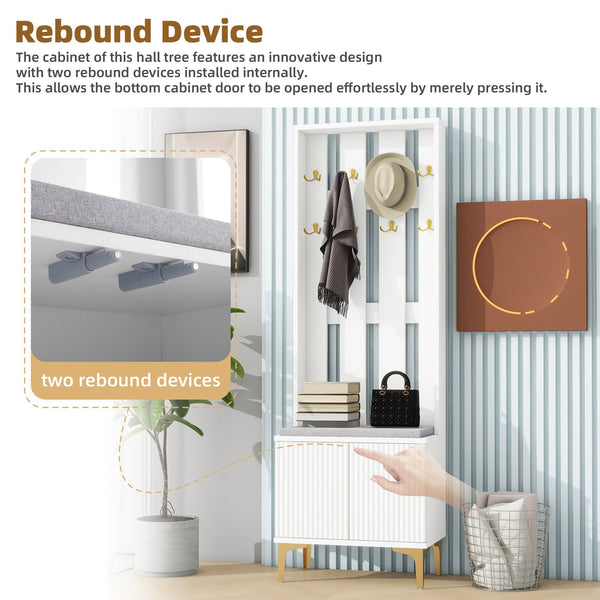 English Elm ON-TREND Modern Luxury Hall Tree with Cushioned Bench, Fluted Doors, 8 Gold Hooks & Adjustable Shelf White N721P192814K