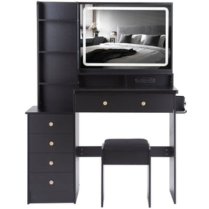 English Elm 41" Large Vanity Table Set With Cushioned Stool, Led Touch Mirror, Power Station & Dryer Stand W936P230831