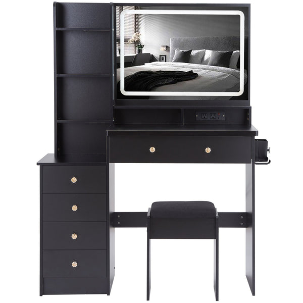 English Elm 41" Large Vanity Table Set With Cushioned Stool, Led Touch Mirror, Power Station & Dryer Stand W936P230831
