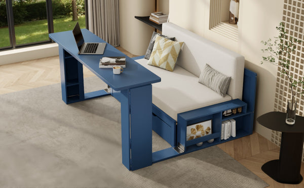 English Elm Full Size Daybed with Hydraulic Desk Armrests Storage Drawer and Sofa Seating Blue LT000271AAC