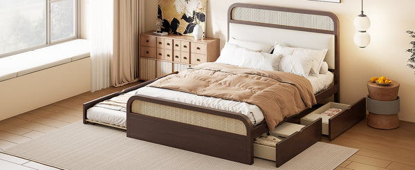 English Elm Queen Wooden Platform Bed With Trundle, 2 Storage Drawers & Padded Headboard In Espresso Finish N820S00010P-GIGA
