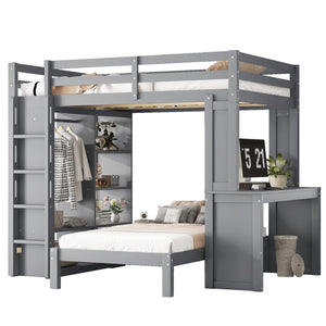 English Elm Full Solid Wood Loft Bed with Removable Lower Bed, Built-In Desk, Shelves & Wardrobe for Space-Saving Designs Grey W1580S00212