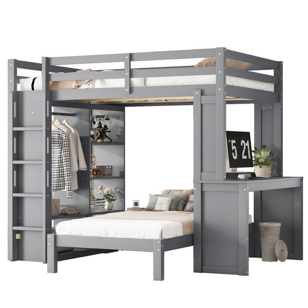 English Elm Full Solid Wood Loft Bed with Removable Lower Bed, Built-In Desk, Shelves & Wardrobe for Space-Saving Designs Grey W1580S00212