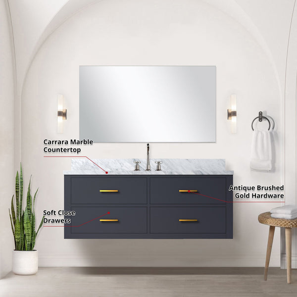 English Elm Blue Single-Sink Vanity Set With Carrara Marble Top, Frameless Mirror & Chrome Faucet For Stylish Bathrooms B2731S01992