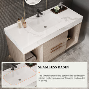 English Elm 39.4'' Floating Bathroom Vanity with Ceramic Sink and Sintered Stone Top, Wall-Mount Modern Design White + Light Oak W3136S00003