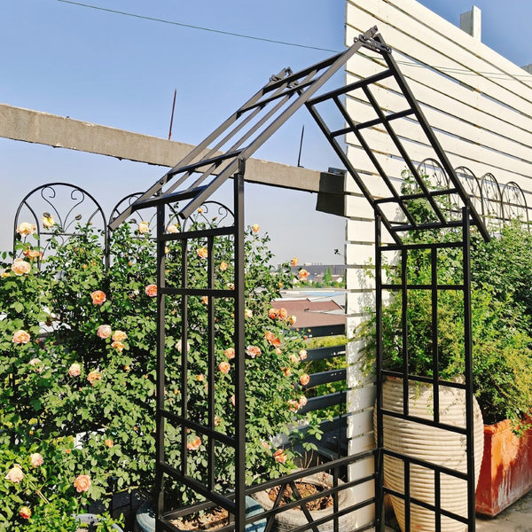 English Elm Metal Garden Arch Bench with Trellis Grid for Climbing Roses and Outdoor Spaces W1586P278441