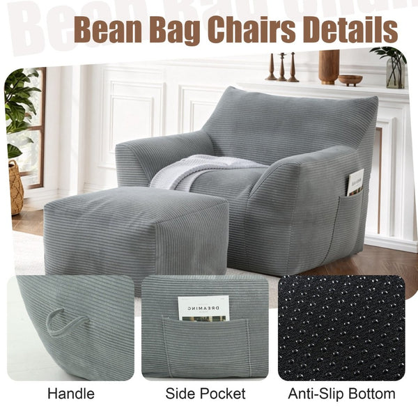 English Elm Bean Bag Chair with Armrests Shredded Foam Fill Oversized Lounge Seat for Adults Gray W5385P440000