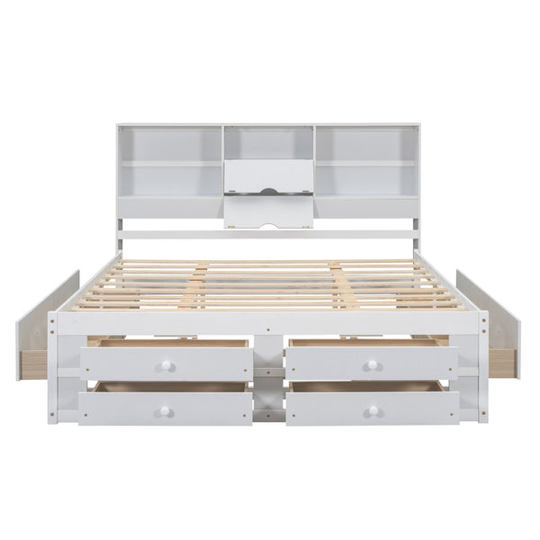 English Elm King Solid Wood Platform Bed with 8 Drawers and Storage Headboard, Durable MDF Frame, 500lb Capacity White GX000454AAK
