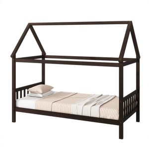 English Elm Twin House Bed with Headboard and Footboard — Space-Saving Rubberwood Frame, Playful Architectural Design Espresso W504P225958
