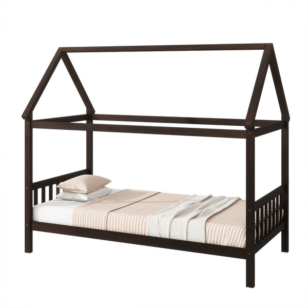 English Elm Twin House Bed with Headboard and Footboard — Space-Saving Rubberwood Frame, Playful Architectural Design Espresso W504P225958