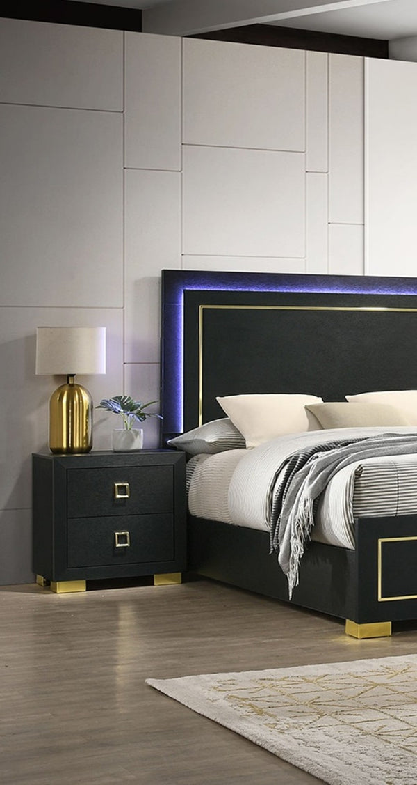 English Elm Contemporary Queen Bedroom Set Matte Black Wood Gold Legs Led Headboard Nightstands B2741S00157