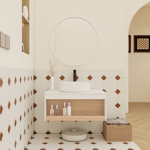 English Elm 30" Floating Wall Mount Bathroom Vanity Open Shelf Ceramic Vessel Sink Modern White W3450S00056