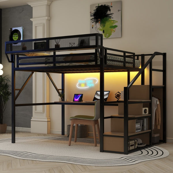 English Elm Queen Metal Loft Bed with Desk Stairs Rgb Lighting and Built-in Charging Station W2580S00053