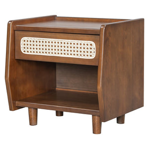 English Elm Black Rattan Panel Nightstand with Open Shelf Drawer Mdf Modern Bedroom Storage N770P374577D