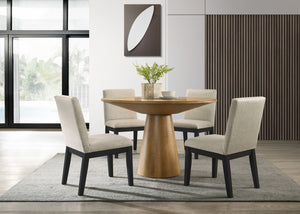 English Elm Jacopo Round Pedestal Dining Set Driftwood Table with Four Upholstered Chairs B2749S00345