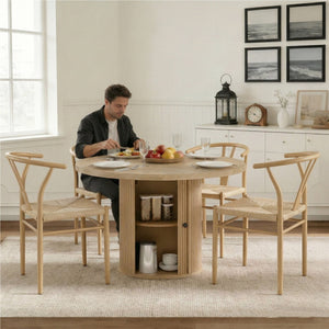 English Elm 4-piece Round Pedestal Dining Set with Woven Wishbone Chairs and Fluted Column Base Natural Wood,Wood W2920S00141