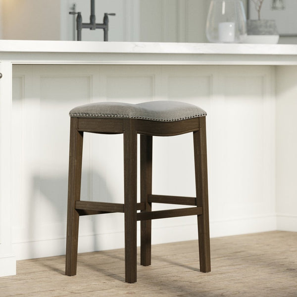 English Elm 31in. Farmhouse Whitewash Hardwood Barstool Nailhead Upholstered Seat Kitchen Island Accent Smoke Grey B2751P436421