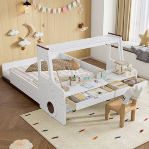 English Elm Full Size Car Shaped Kids Platform Bed with Storage Drawers Integrated Desk Pine Wood Light White W1580S00490