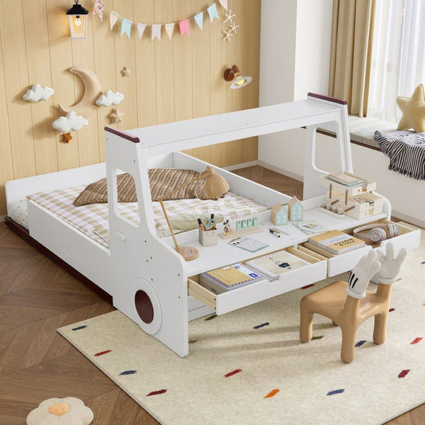 English Elm Full Size Car Shaped Kids Platform Bed with Storage Drawers Integrated Desk Pine Wood Light White W1580S00490