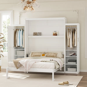 English Elm Queen Murphy Bed with 2 Wardrobes & Foldable Platform, Space-Saving White Queen Bedframe 650lbs N733S339767K