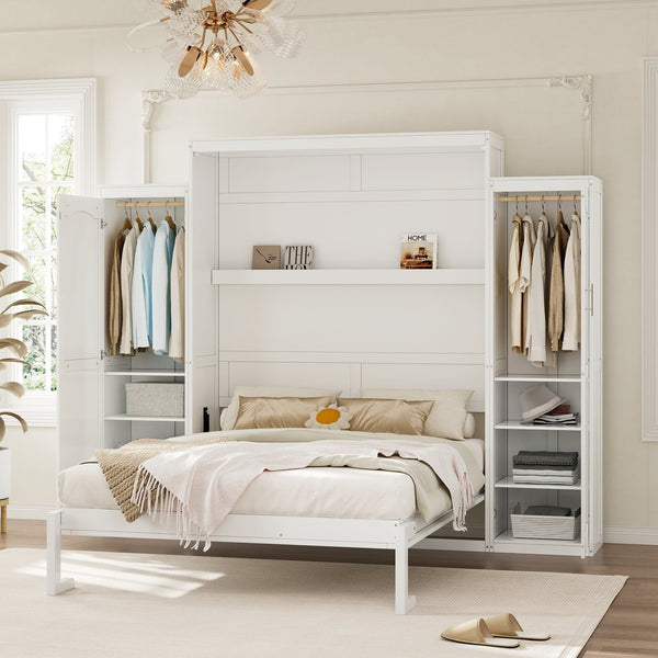 English Elm Queen Murphy Bed with 2 Wardrobes & Foldable Platform, Space-Saving White Queen Bedframe 650lbs N733S339767K