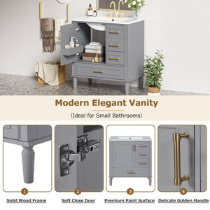 English Elm 30" Elegant Bathroom Vanity with Ceramic Sink, Soft-Close Door & 3 Drawers, Gold Handles, Durable Finish Gray N729P184479E