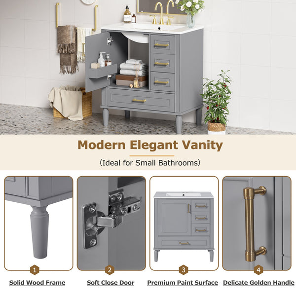 English Elm 30" Elegant Bathroom Vanity with Ceramic Sink, Soft-Close Door & 3 Drawers, Gold Handles, Durable Finish Gray N729P184479E
