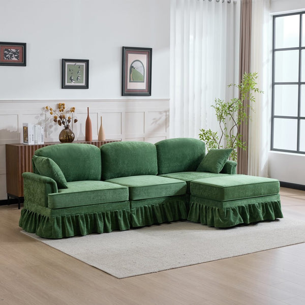 English Elm 103.15'' Chenille L-shaped Sectional Sofa with Detachable Pleated Skirt and Ottoman Green W3612S00046