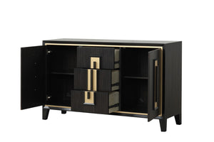 English Elm Espresso Contemporary Farmhouse Server 60"W with Wood Handles, Felt-Lined Dovetail Drawers, Gold Trim B2741P311026