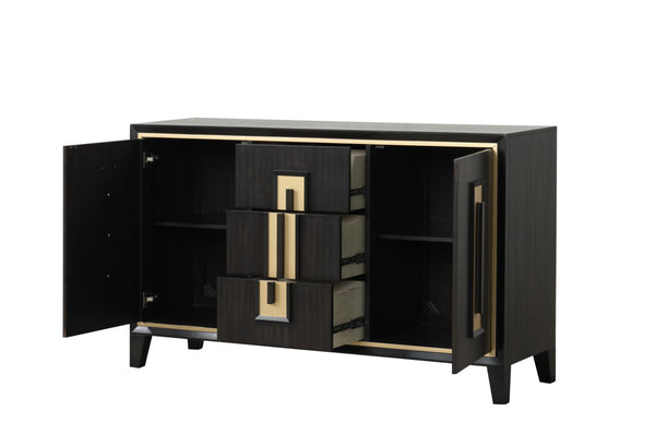 English Elm Espresso Contemporary Farmhouse Server 60"W with Wood Handles, Felt-Lined Dovetail Drawers, Gold Trim B2741P311026