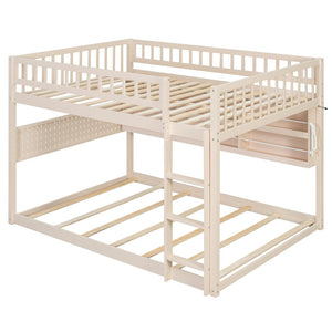 English Elm Full Over Bunk Bed with Led Lighting Pegboard Shelving and Pine Wood Frame Beige LT000278AAA