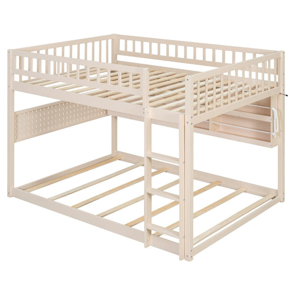 English Elm Full Over Bunk Bed with Led Lighting Pegboard Shelving and Pine Wood Frame Beige LT000278AAA