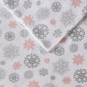 JLA Home True North by Sleep Philosophy - Printed ultra-soft cotton flannel sheet set with brushed finish, OEKO-TEX certified warmth and durability Pink/Grey Snowflakes TN20-0066