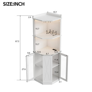 English Elm 67.3" Farmhouse Corner Bar Cabinet Led Lit Wine Storage with Built-in Power Outlets N735P361423K
