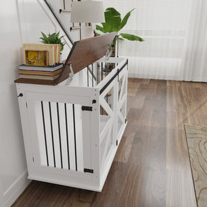 English Elm 47.2" Double Dog Crate Farmhouse Console with Rolling Casters and Barn Doors W2557P330269