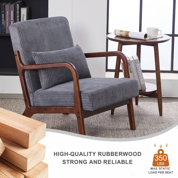 English Elm Mid-Century Upholstered Accent Chair Antique Dark Grey — Ergonomic Solid Wood Frame, Cozy Pillow Seat W2989P295372